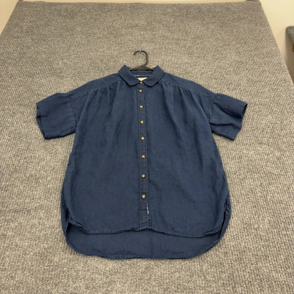 J Crew Shirt Womens XS Blue‎ Linen Short Sleeve Button Down Relaxed Casual Style